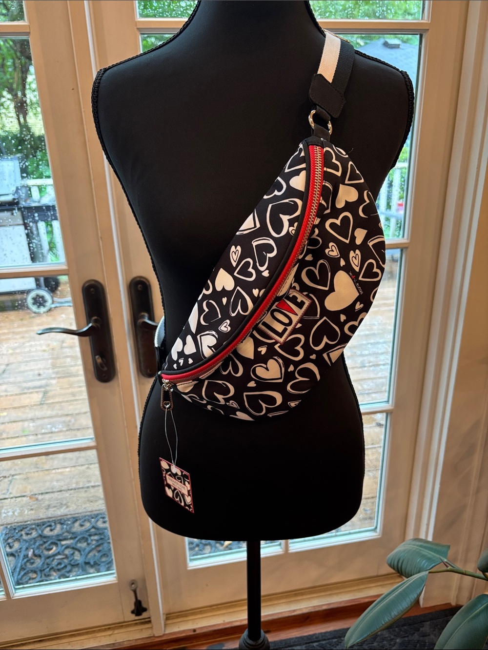 Brighton Black & White Heart Print Crossbody Belt Bag with Red Trim